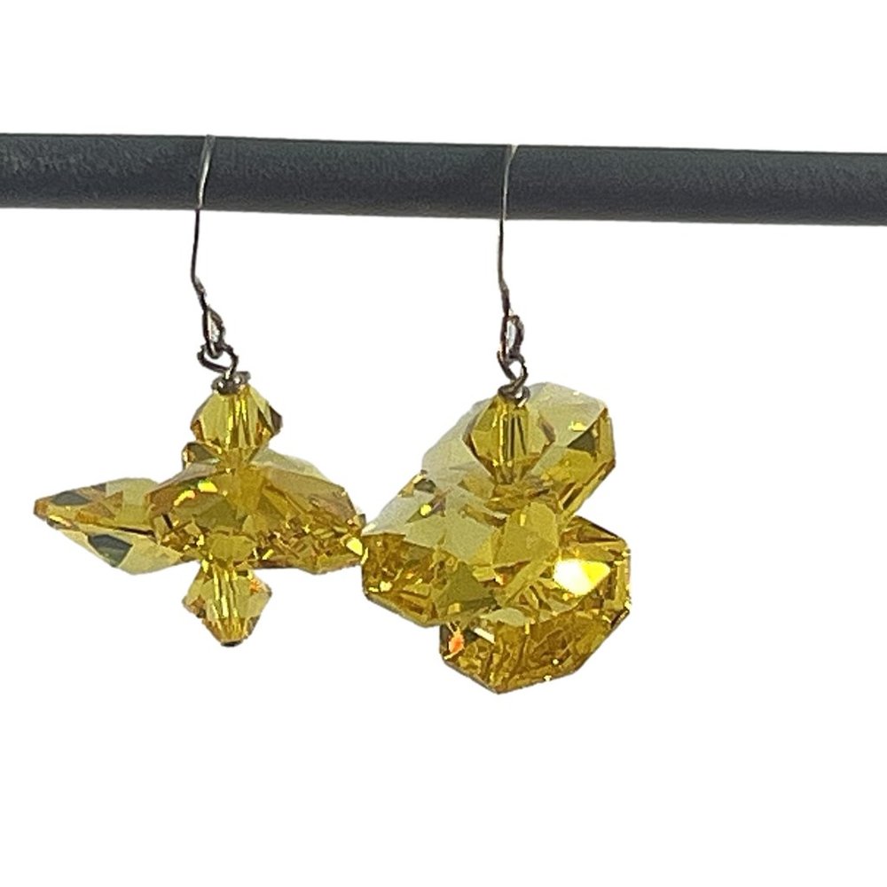 Aurora Borealis Yellow Earrings Dangle Crystal Cluster Sparkle Silver Tone 1.25"